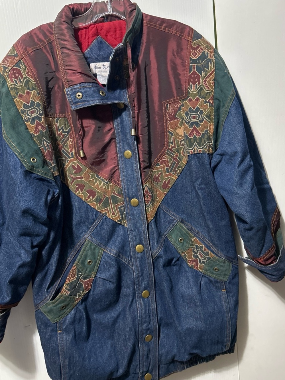 Vintage-Inspired Multicolor Denim Bomber Jacket - Blue, Burgundy & Green